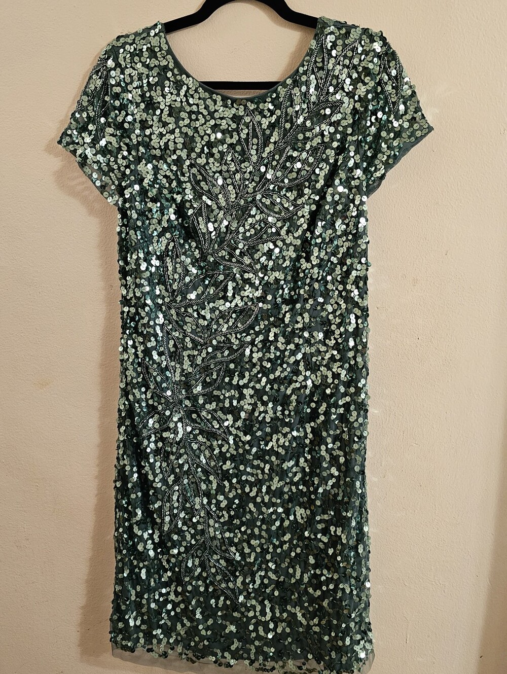 Adrianna Papell Teal Green Sequin Short-Sleeve Dress